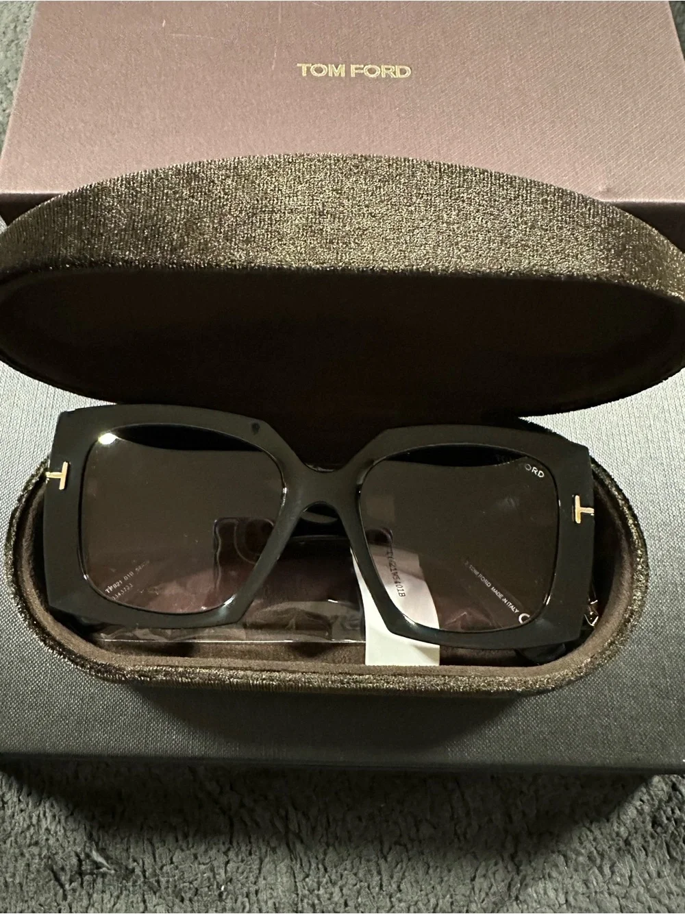 Tom Ford Black Oversized Square Sunglasses with Gold T Accents